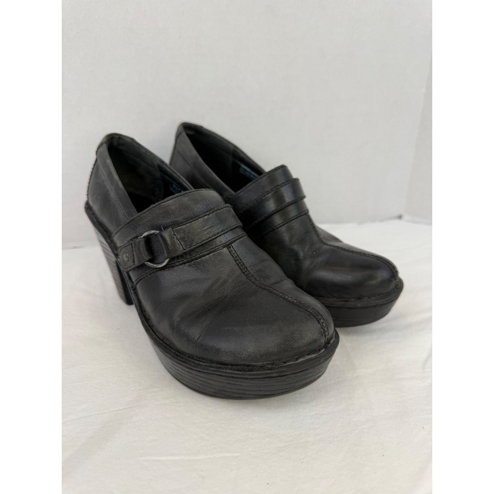 Born Black Leather Platform Clogs Block Heel Buckle Strap Size 6.5‎ 37